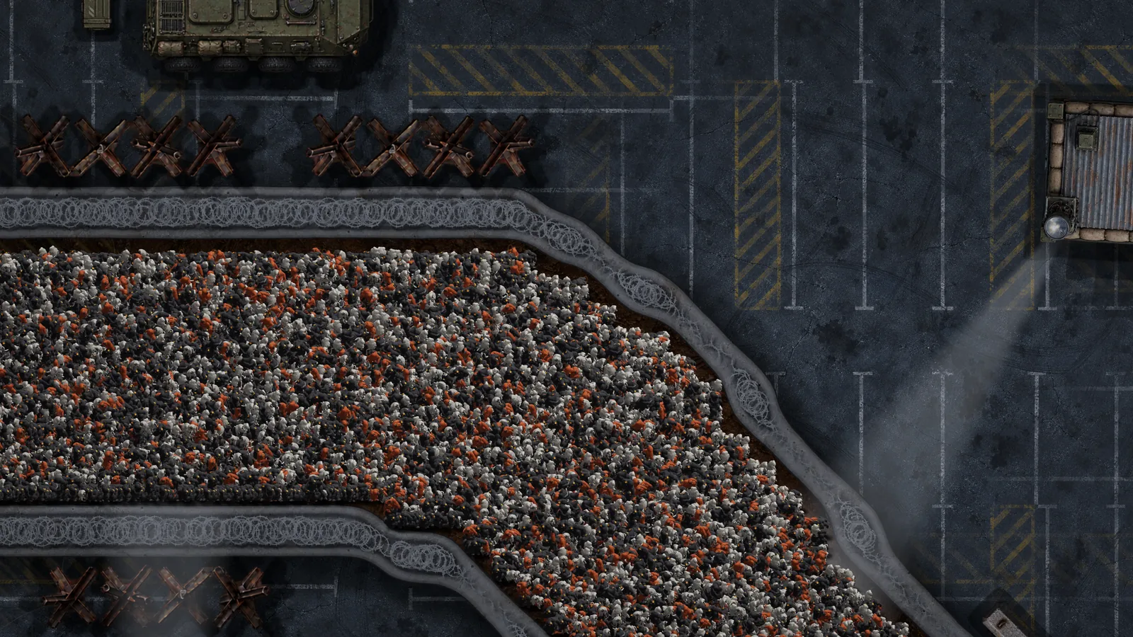 The horde pouring in past a searchlight tower
